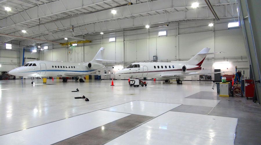 Hangar interior with aircraft