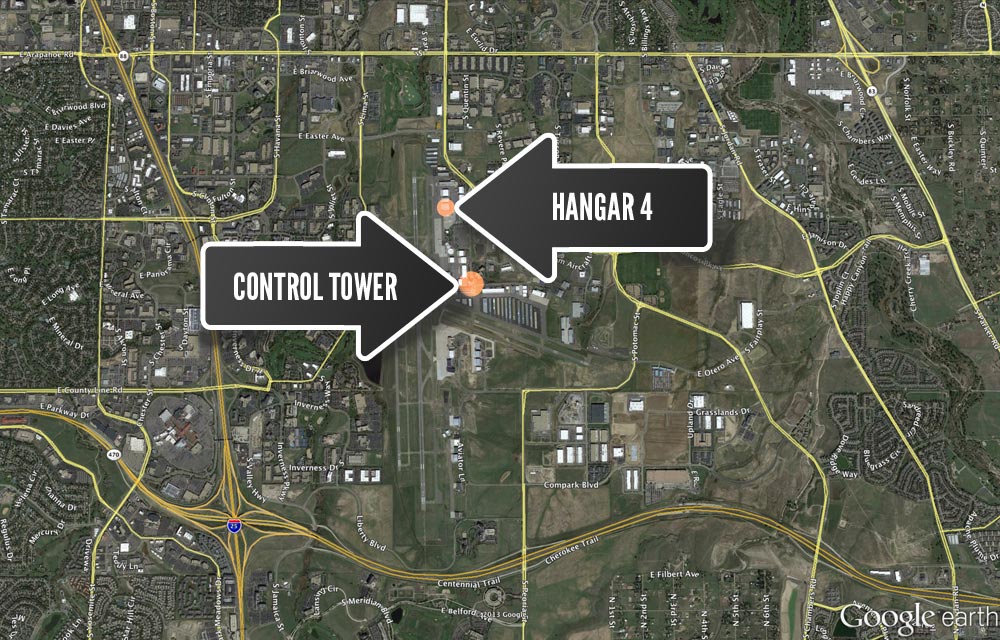 Aerial map showing control tower and Hangar 4